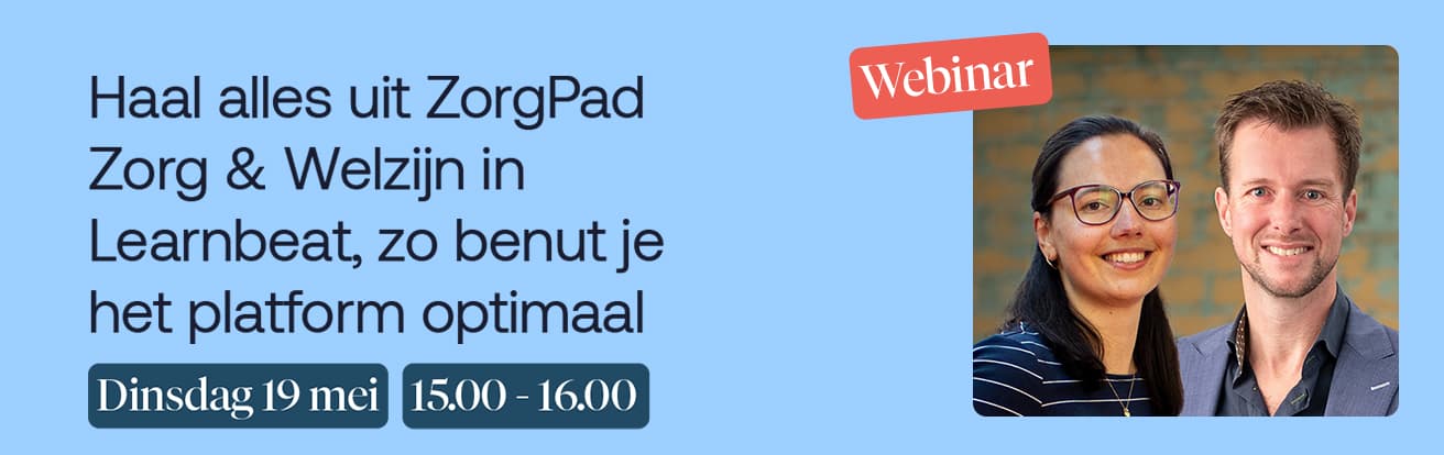 Twee personen naast elkaar met tekst over een webinar op dinsdag 19 mei van 15:00 tot 16:00