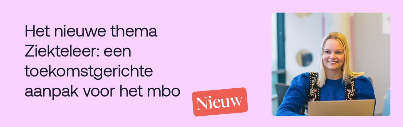 Vrouw met laptop glimlacht, naast tekst over nieuw thema Ziekteleer voor mbo