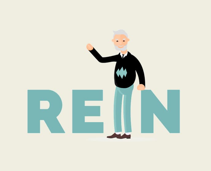 Illustratie van oudere man in zwarte trui met grijze broek die naast grote letters REIN staat