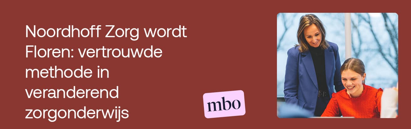 Twee vrouwen, een staand en een zittend, kijken naar een document op een bureau, met tekst over zorgonderwijs ernaast