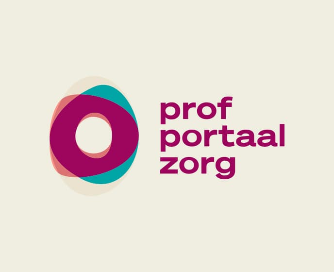 Logo met gestileerde cirkel en tekst 'prof portaal zorg' in roze en turquoise kleuren
