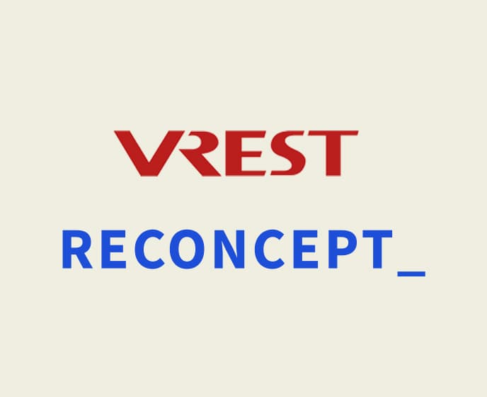 Logo met rode tekst 'VREST' en blauwe tekst 'RECONCEPT_' op een beige achtergrond